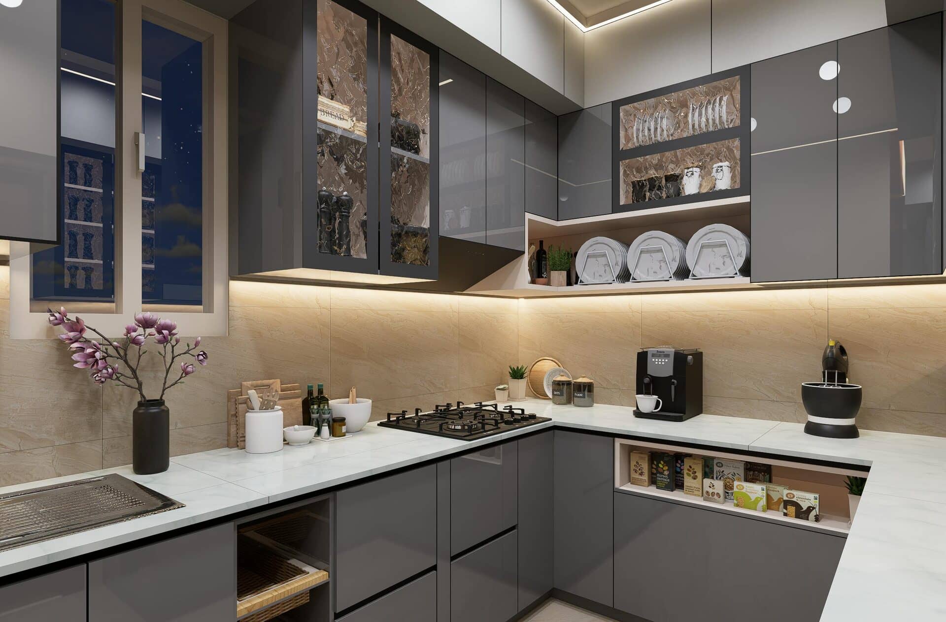 Modern kitchen with warm under-cabinet LED strip lighting illuminating marble countertops and decorative glass-front upper cabinets