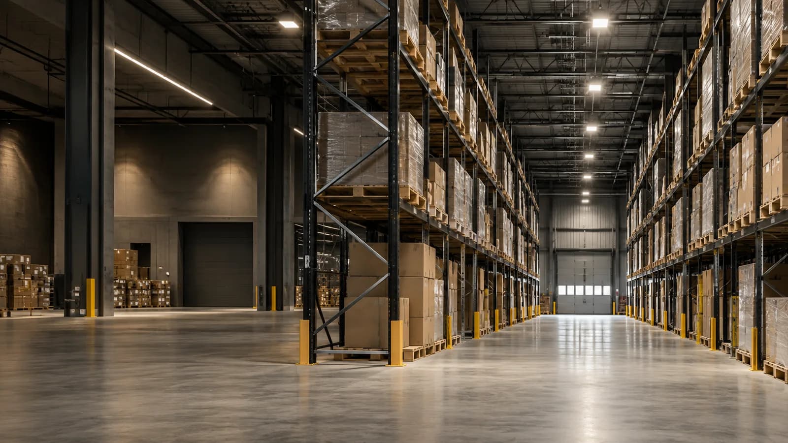 Warehouse aisle illuminated by LED high bay lighting