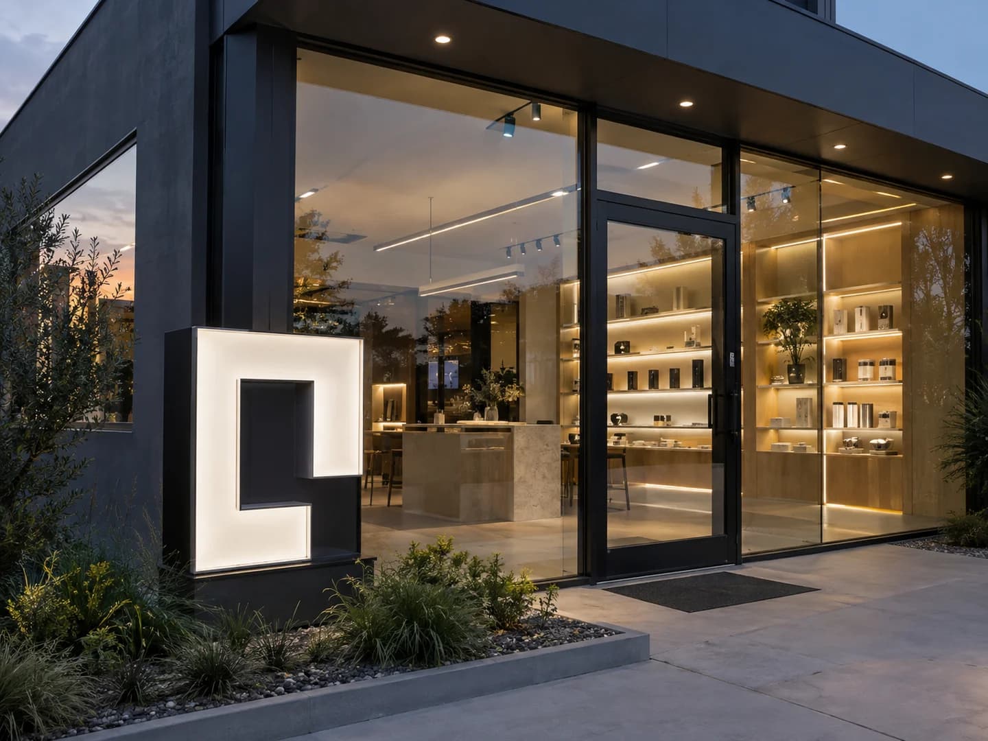 Local comercial con iluminación lineal integrada y una muestra de letra iluminada