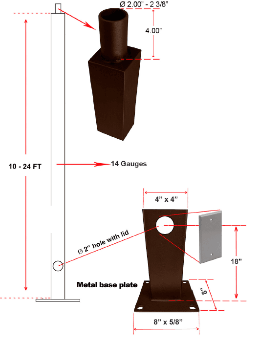 20 ft. Square Steel Light Pole, 4 x 4 in., 14 Gauge, 2-3/8 in. Top Tenon, Bronze