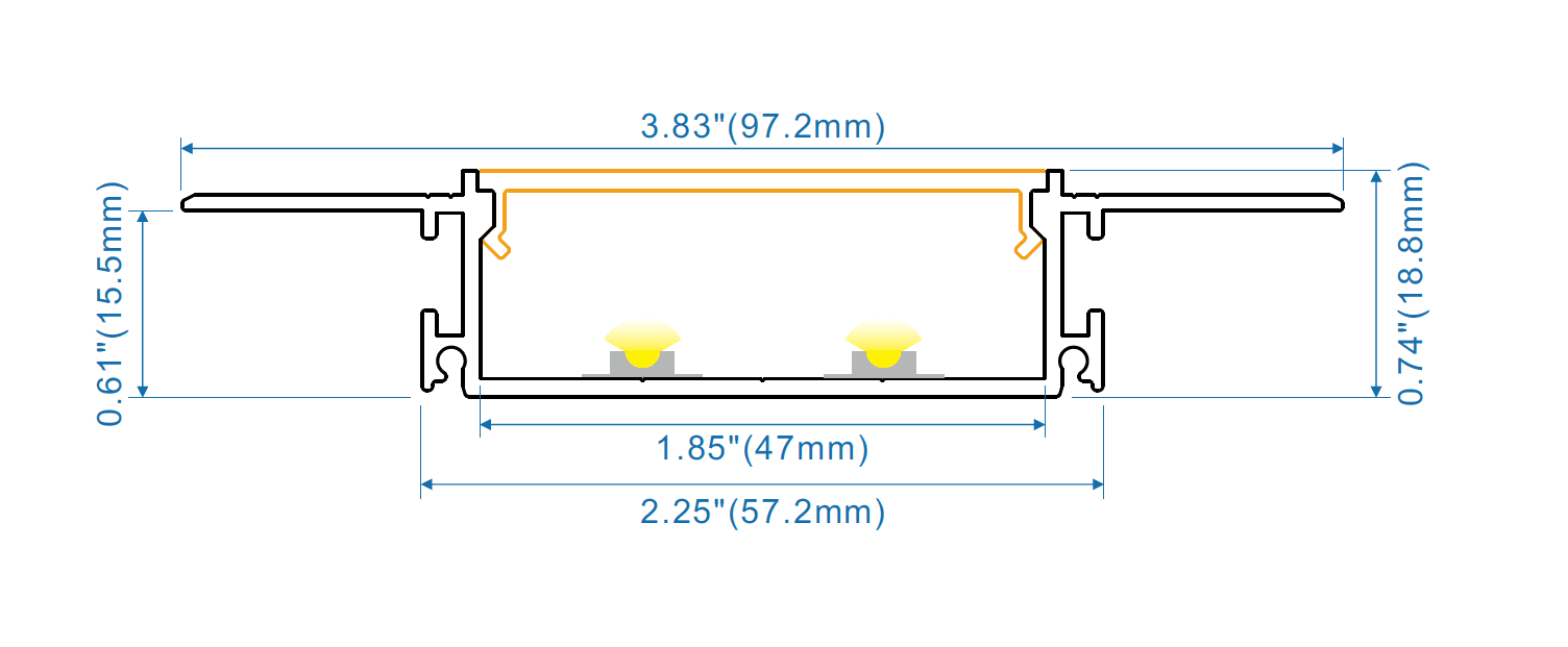 Drywall Trimless Profile, 1.8", Silver, H:18.5mm, IW:47mm, OW:98mm, 3m length