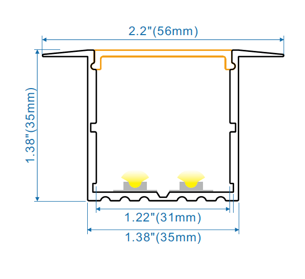 Recessed LED Aluminum Channel Profile, 56x35mm Anodized, Up to 4m Length