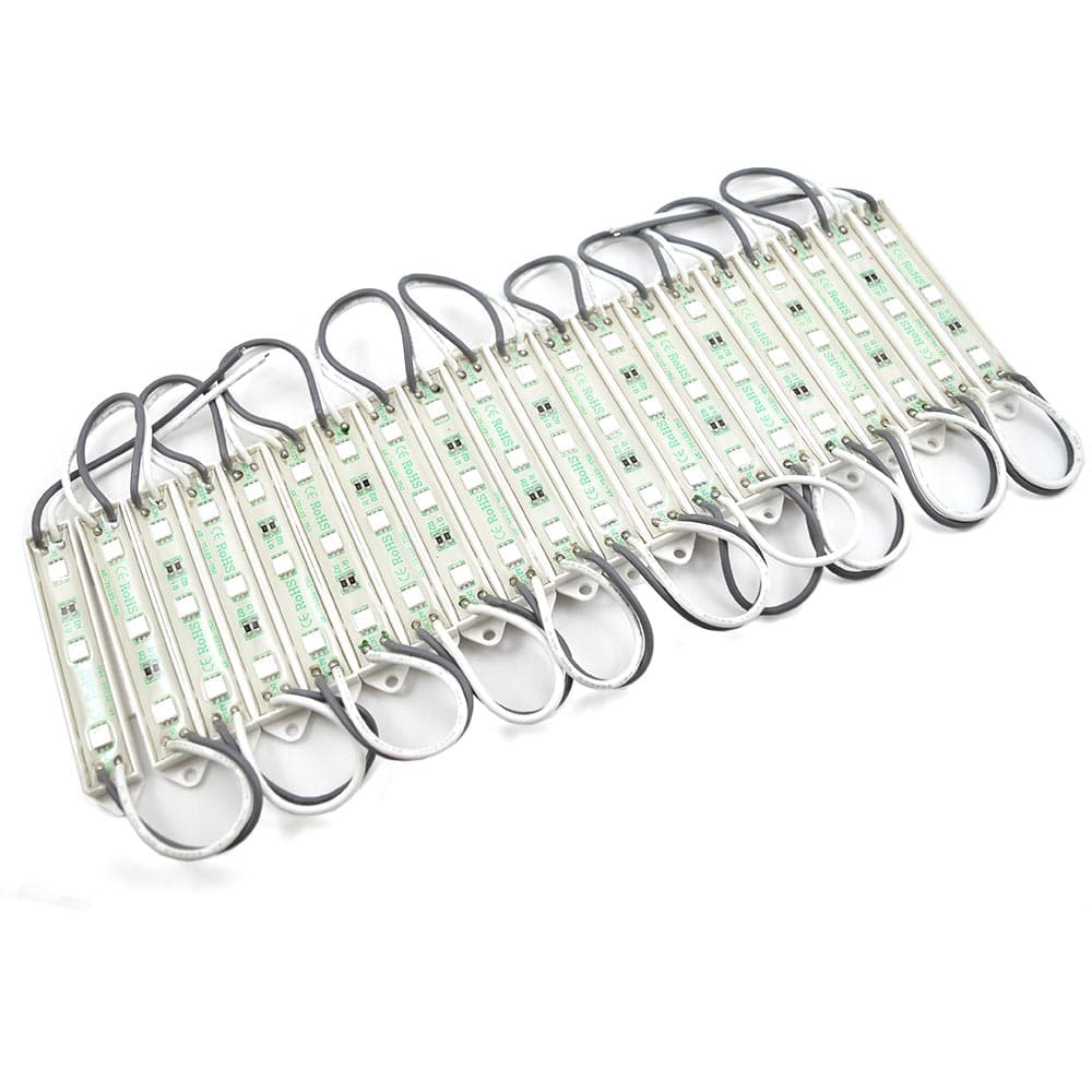 20 modules, UL Listed RGB 3 dots, SMD5050LED, Measures 75*15mm, IP65, Beam Angle >160, DC12V, Power:0.96watt