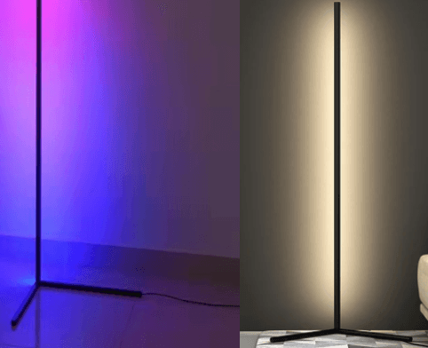 Discontinued Item- FINAL SALE - Limited 30-day Warranty- Price Drop 30%-  LED Corner Floor Lamp 18watts RGB+3000K Warm White in RF 52 keys music remote with Power Supply 110-240V with US plug size  52inx12.6inx12.6in Aluminum frame+Silicone lampshade I