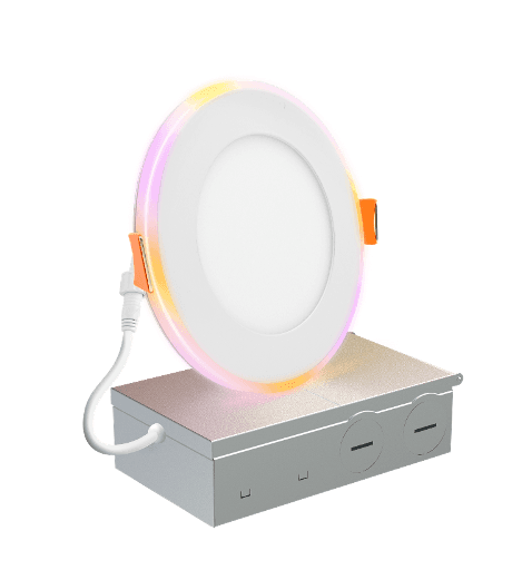 4" Smart CCT Slim Panel with RGBIC Night Light Smart TUYA App  4.3 inch cutout 4.92 Inch diameter 9W+2W 120VAC 60Hz PF0.9 Triac Dimmable 27K 65K+RGBIC 630LM FCC FCC-ID Cert 5 yrs wrty+wire acc