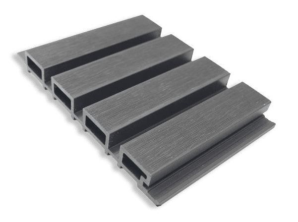 Exterior Slatted Wood Composite Panel Color Light Gray Waterproof Fire Retardant Zero Maintenance Dim 114x9x1 Inch