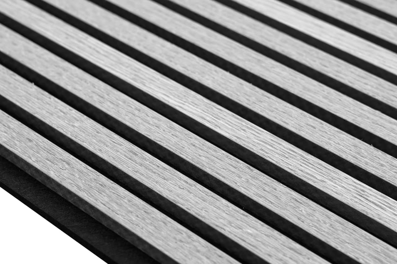 Acoustic Wood Slat Wall Panel, Grey Oak Veneer on MDF, 94.49" x 23.62", 2-Pack