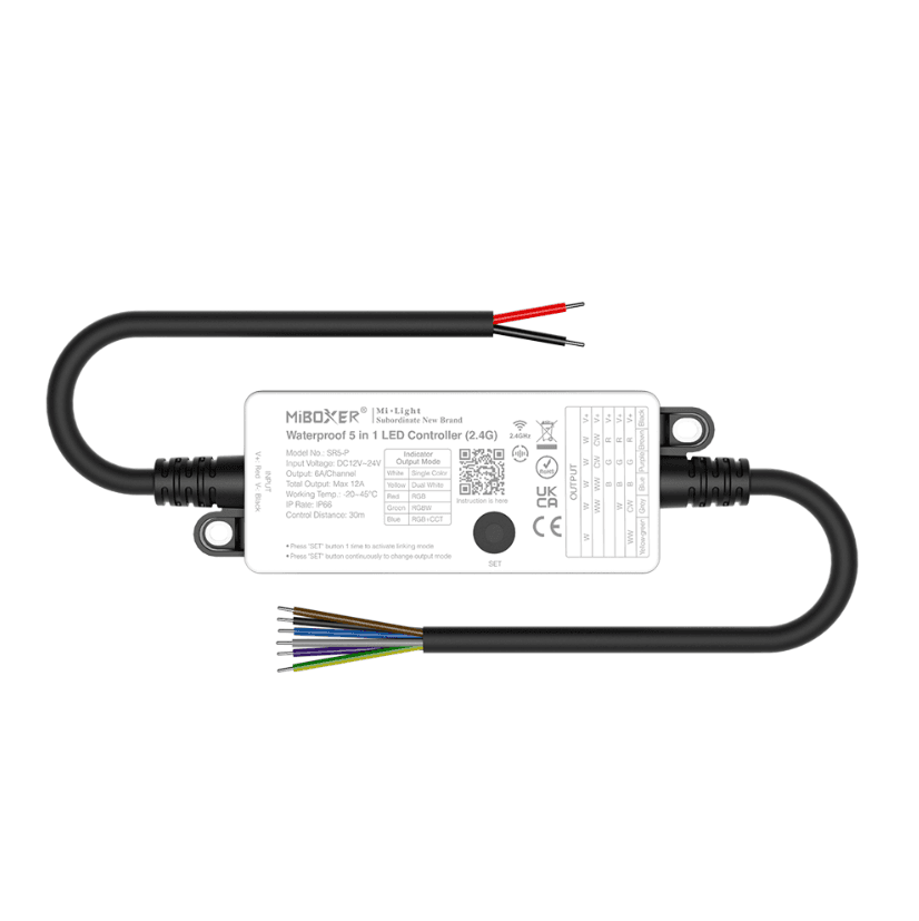 5 in 1 LED Controller Waterproof Input Voltage DC12-24V Output Current 6A/Single Channel Total Output MAX 12A Control Signal 2.4 GHz RF Control Distance 30m IP66 Dim 150x46.5x20 mm CE Certification