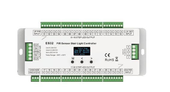 ES32 PIR Stair Light Controller Motion-activated controller for up to 32 steps. Supports 12V/24V single-color and SPI digital LED strips (WS2811/WS2812B). Dual PIR sensors, adjustable delay, soft fade, max load: 400W (24V).