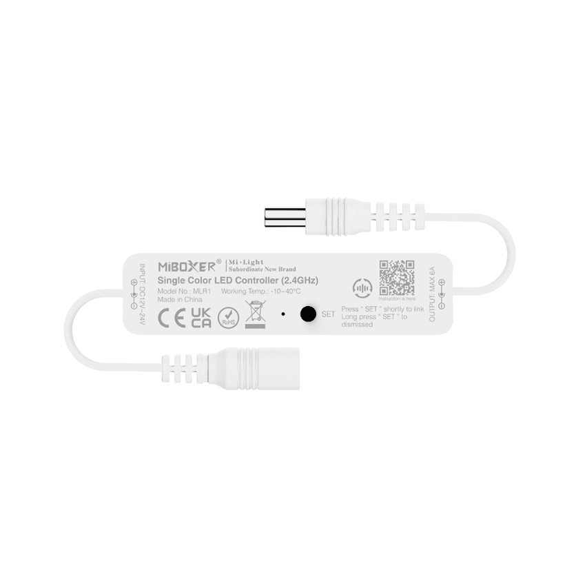 Mini Single Color LED Controller with DC male and female connectors Input DC12V-24V Output Power 144W Output Current Max 6A Output Type Constant Voltage Control Signal 2.4 GHz RF Control Distance 30m IP20 Working Temp -10 C to 40 C Dim 76x19x8.8 mm CE