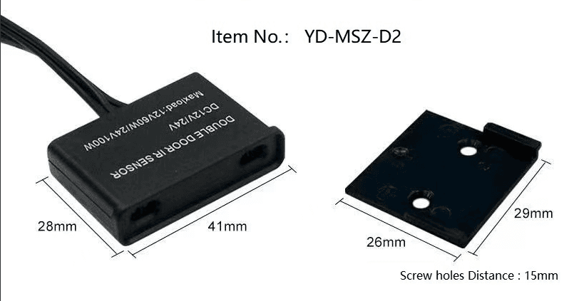 Dark Grey color Double Sensor for doors. Screw holes distance: 15mm. Sensing distance: 7mm. DC12/24V. Max load: 12V 60W/ 24V 100W. Dimmensions: 41x28mm