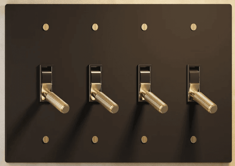 CUSTOM ORDER ONLY-Residence Supply 4 Gang Toggle Switch, Night Black w/ Brass, 120 VAC, 150W Load Per Switch, 3-Way, UL Listed