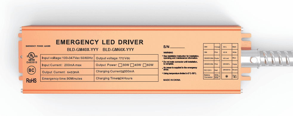 Emergency LED Driver,Power 60W,Output Voltage 170Vdc,Input 100-347VAC 50/60 Hz, Emergency Time 90 min, Battery Li-ion,Temp Rating 5C to 50C,IP65,Size 357x77.3x46.5mm,Certifications UL Listed,BC,RoSH,Wrnty 5 yrs,Application for linear highbay wall plate