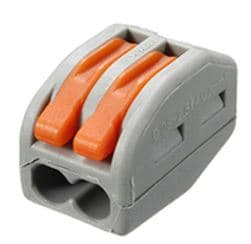 2 port press-on connector, wire range #18-12AWG (0.08-2.5mm2) Strip length: 12-13mm, Max Voltage: 250V, 32A max. Amb Temp: -40F~221F 5pcs/bag
