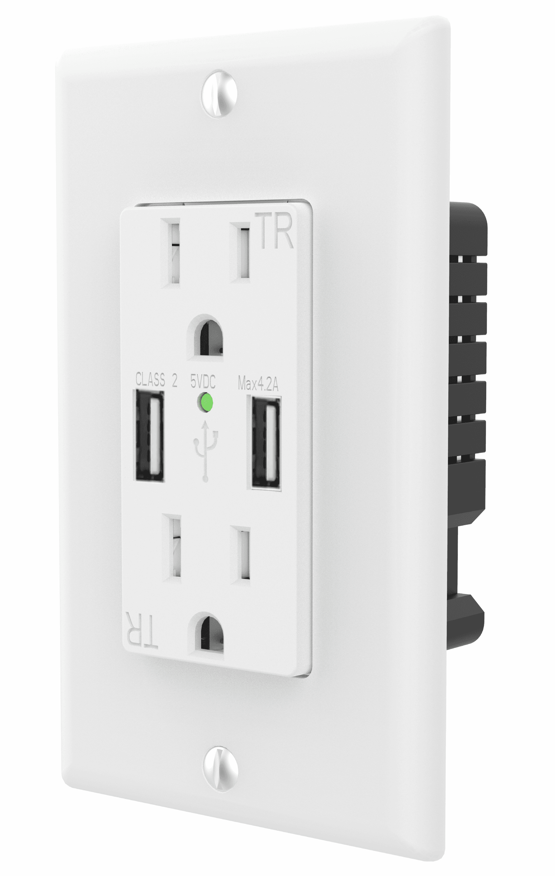 Duplex Receptacle with Dual USB Charging Ports, 15A 125V, Tamper-Resistant, White