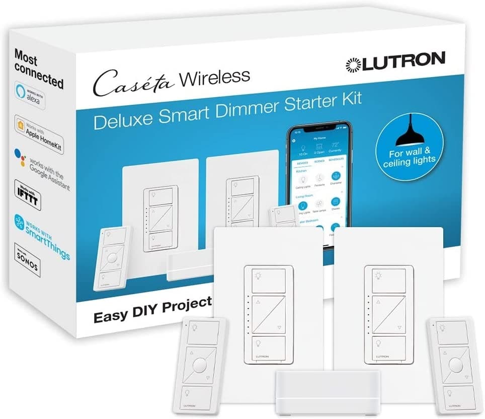 Discontinued Item- Lutron Caseta Deluxe Smart Dimmer Switch (2 Count) Kit with Caseta Smart Hub   Works with Alexa Apple HomeKit Ring Google Assistant   P-BDG-PKG2W-A   White