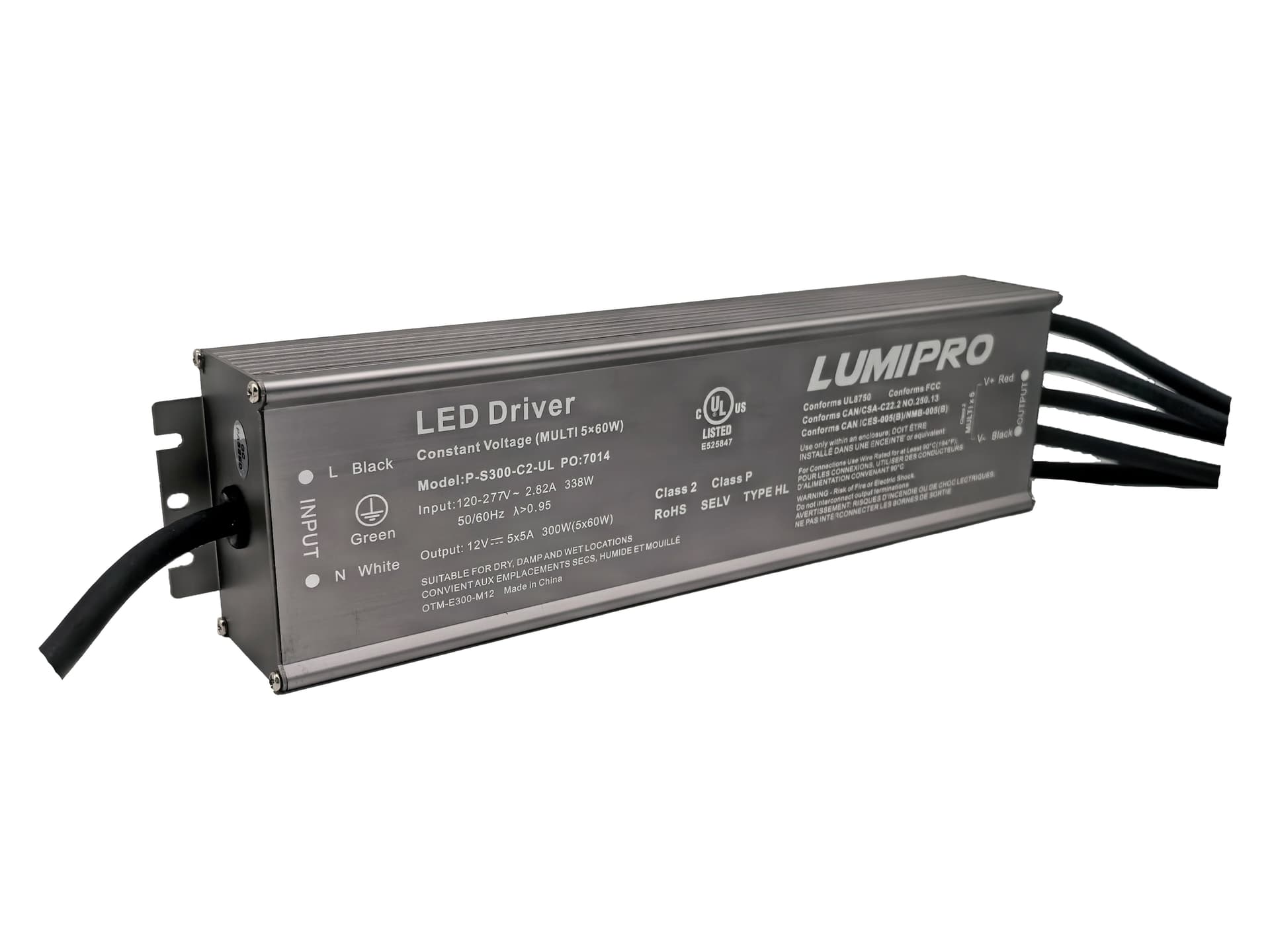 Class 2 Constant Voltage LED Driver, 12VDC 300W, 5-Channel, 120-277VAC, IP67