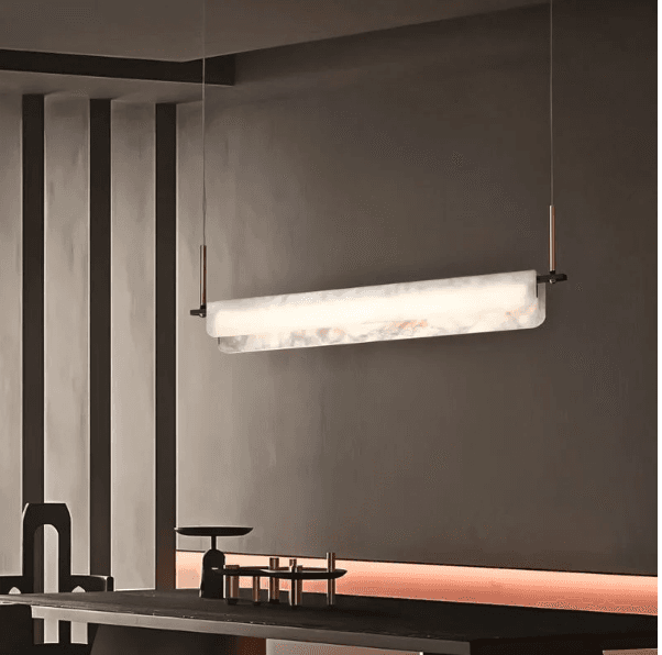 RS PENDANT LIGHT  HARKA Color: White& Black Material: Alabaster Marble & Stainless Steel, Dimensions: 39.3 in - 100cm