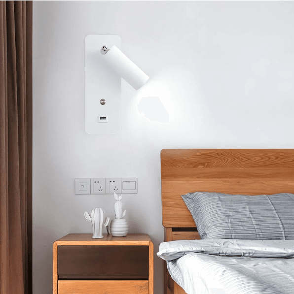LED Wall-Mount Reading Lamp, 7 W, 3000 K, IP20, Aluminum and Acrylic, USB Port