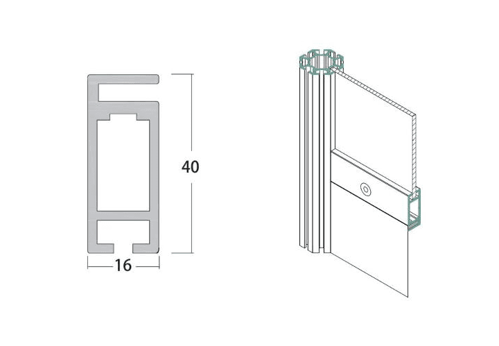 Aluminum SEG Fabric Beam Extrusion for Tradeshow Frames, 40 x 16 mm, Silver Finish