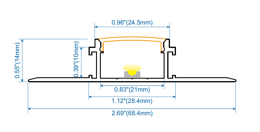 Drywall Trimless Aluminum LED Profile, Anodized Black, 68mm Wide, 14mm Height