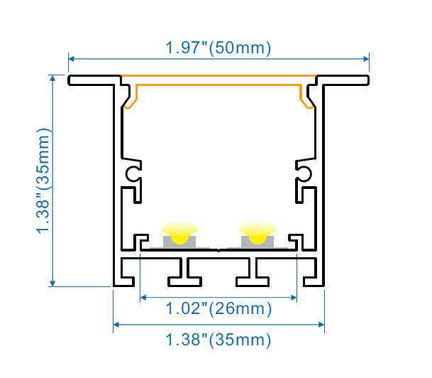 Recessed Mount LED Aluminum Channel Profile, 35mm x 35mm, 6063-T5 with Spring Clip