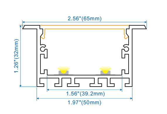 Recessed Mount Spring Clip, 6063-T5 Aluminum, 50mm x 32mm x 98 in., 39mm Inner Width