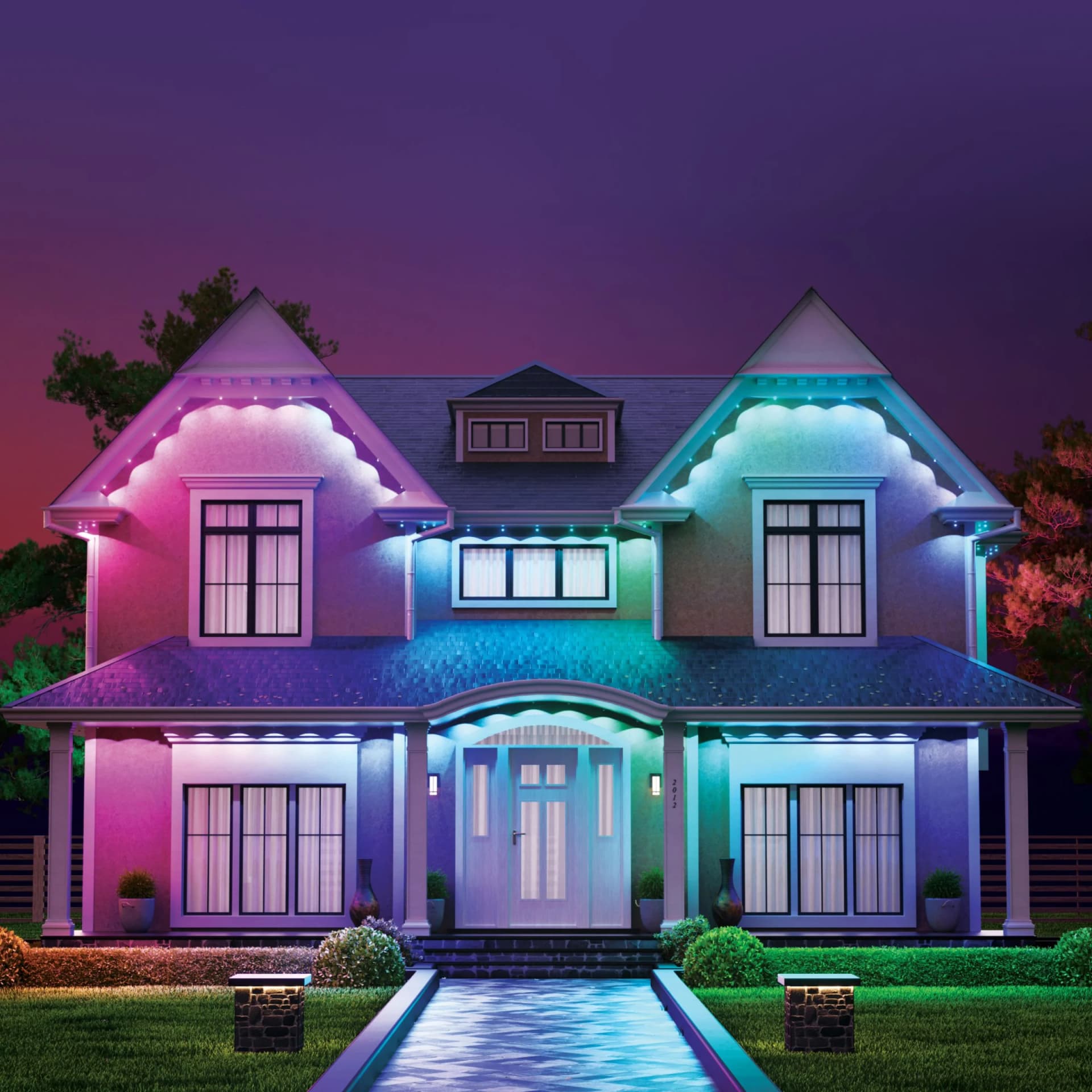 Smart Permanent Outdoor LED Lights, IP67, RGB, Power Adapter & Control Box, Wi-Fi plus Bluetooth, Alexa & Google Assistant Compatible, Maximum System Length: 129 ft, 13 ft Extension Cord, 8 Lighting Effect Modes, Integrated Non-Replaceable LEDs, 3 yr Wrrty, ETL Listed