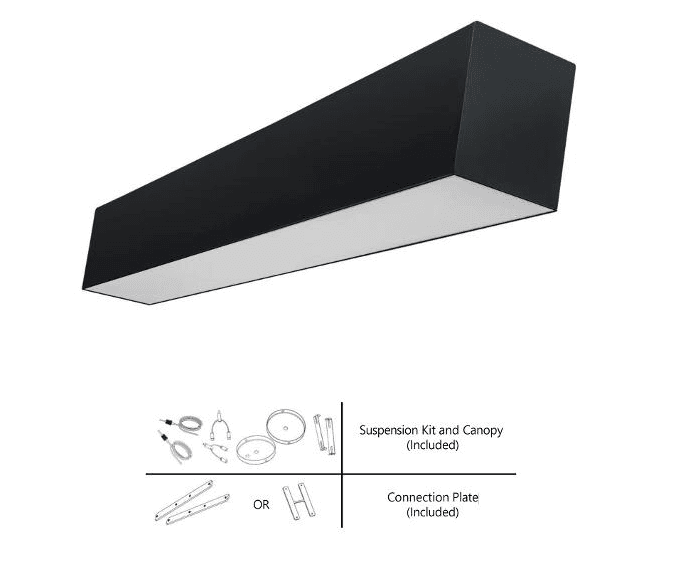 LUMIPRO EVERLINE LED Linear Light 4 Ft Voltage 120-277V 3CCT 3K 4K 5K. Power: 50W .6500lm. Dim 0-10V. PF0.9 CRI80. ETL Listed. Work temp -20~40°C. Dim 1210x70x80mm. Black Finish. 5 Yrs wrrty. (Suspension Kit, Canopy, Connection Plate.(Included))