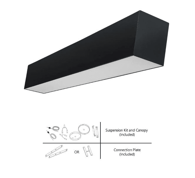 LUMIPRO EVERLINE LED Linear Light 8Ft Voltage 100-277V 3CCT 3K 4K 5K. Power: 100W .130lm/W. Dim 0-10V. PF0.9 CRI80 ETL Listed Work temp -20~40°C. Dim 2418x70x80mm Black Finish 5 Yrs wrrty. (Suspension Kit, Canopy, Connection Plate.(Included))