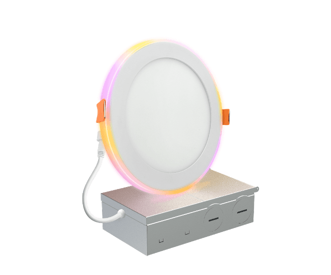 6" Smart CCT Slim Panel with RGBIC Night Light Smart TUYA App 6.Inch cutout 6.89 Inch diameter 13W+3W 120VAC 60Hz PF0.9 Triac Dimmable 27K 65K+RGBIC 1100LM FCC FCC-ID Cert 5 yrs wrty+wire acc