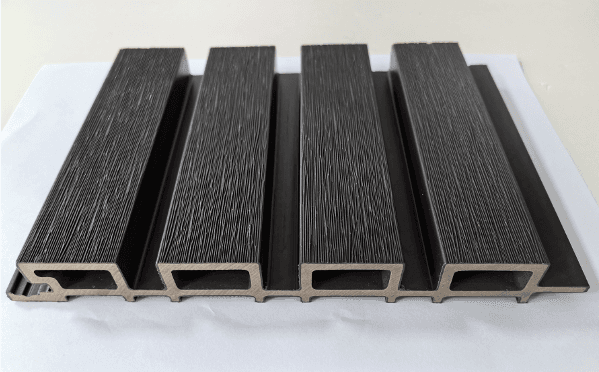 Exterior Slatted Wood Composite Panel Color Black Waterproof Fire Retardant Zero Maintenance Dim 114x9x1 Inch