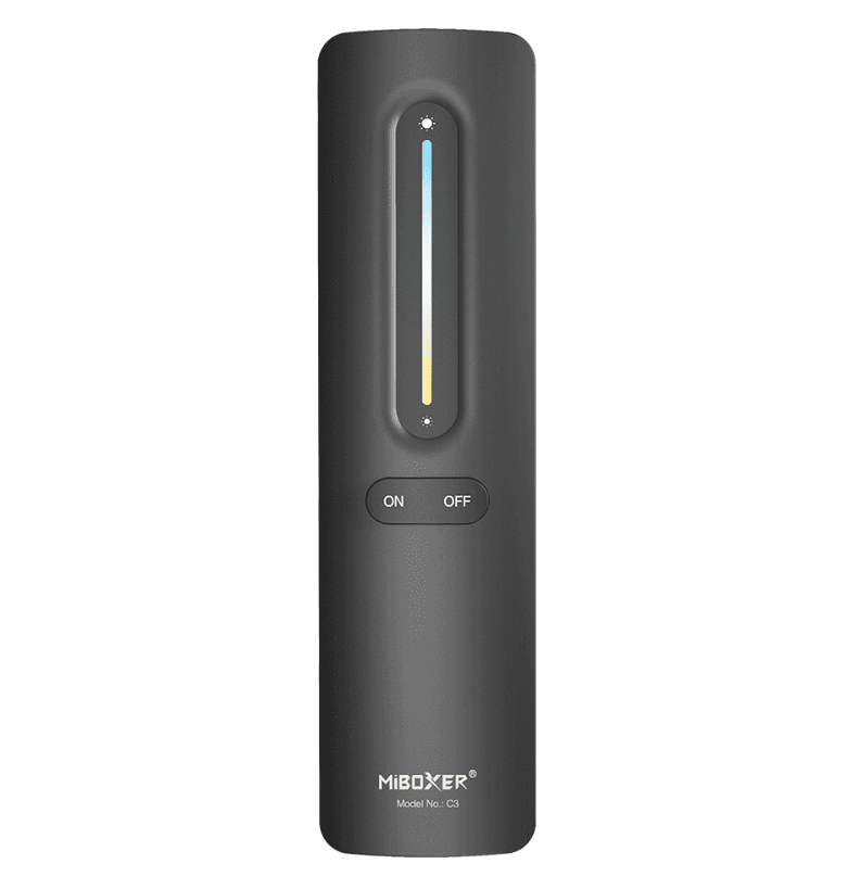 Color Temperature 1 Zone Black Color Remote Working Voltage 3V (CR2032 battery) Standby Power Consumption 15uA Transmitting Power 6dBm RF 2.4 GHz Control Distance 30m Modulation Method GFSK Working Temp -10 C to 40 C Dim 140x37.5x15 mm CE Certification