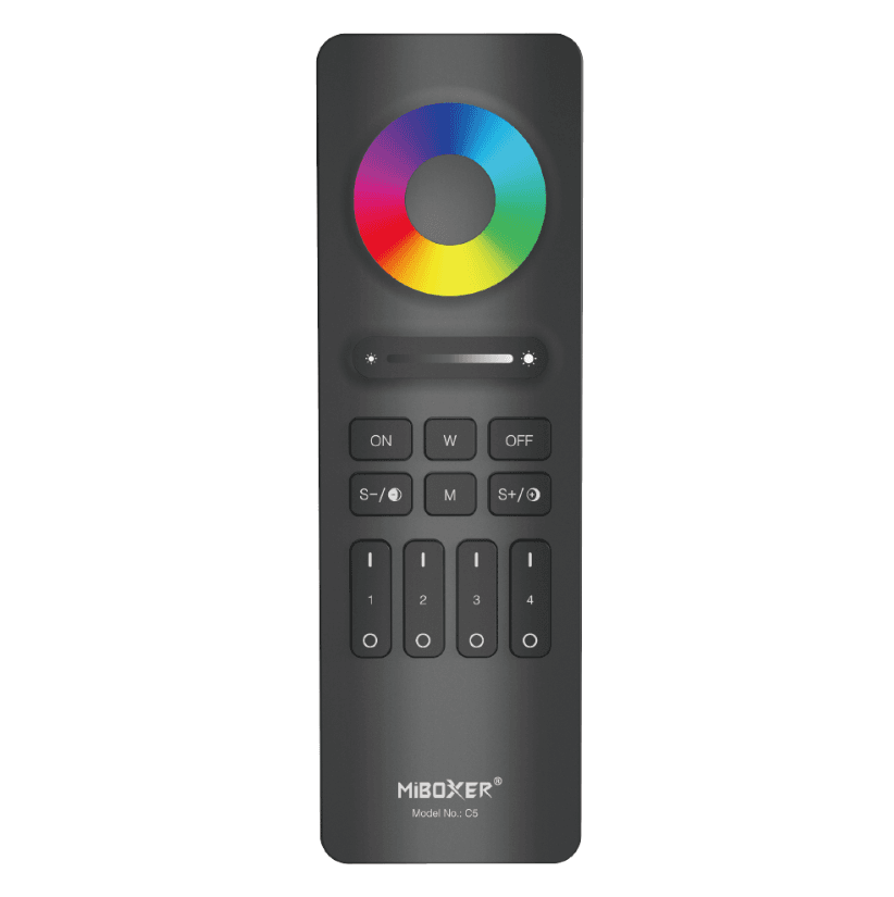 4-Zone RGB+CCT LED Remote Control, 2.4 GHz RF GFSK, 30 m Range, Black