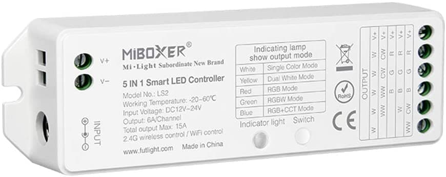 5 in 1 LED Strip Controller 2.4GHz DC12-48V Max 15A RF2.4GHz Control Distance 30m Work Temp -10 to 40C Requires gateway for smartphone control