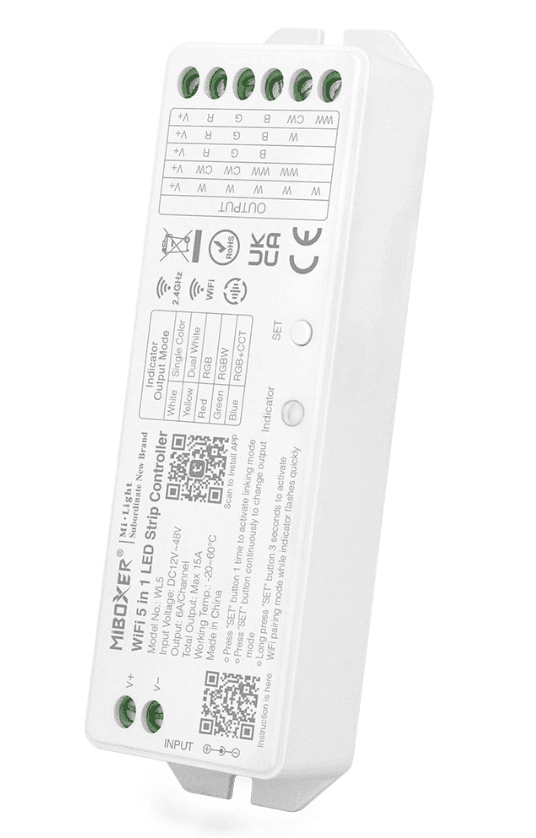 5 in 1 LED Strip Controller Wifi 2.4 GHz DC12V-48 Max 15A RGBCCT Control Distance 30m Working Temperature -20C to 60C Supports Tuya Smart Alexa Google Assistant