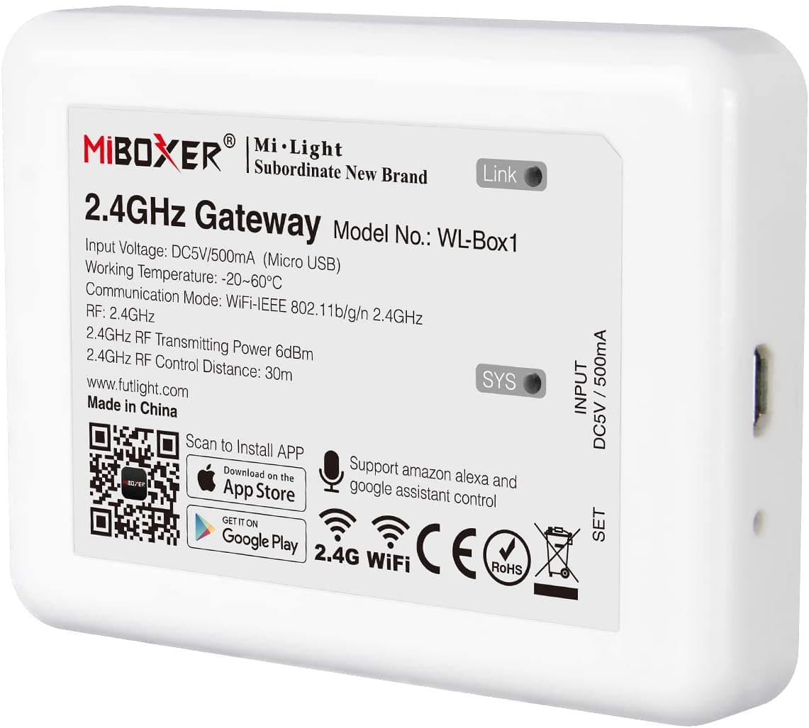 Wireless gateway connects to controllers and allows smartphone access, compatible with Google Home/Alexa