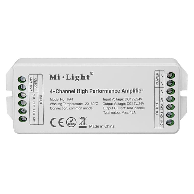 5IN1 Series 4CH Amplifier, Input/output voltage: DC12-24V Output current: 6A/channel Switching Rate: 10Mbps Connection: Common anode Size:119*46.5*22.5mm Weight:69g