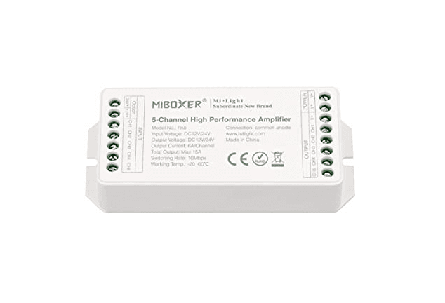 5IN1 Series 5CH Amplifier RGBCCT, Input/output voltage: DC12-24V Output current: 6A/channel Switching Rate: 10Mbps Connection: Common anode Size:119*46.5*22.5mm Weight:69g