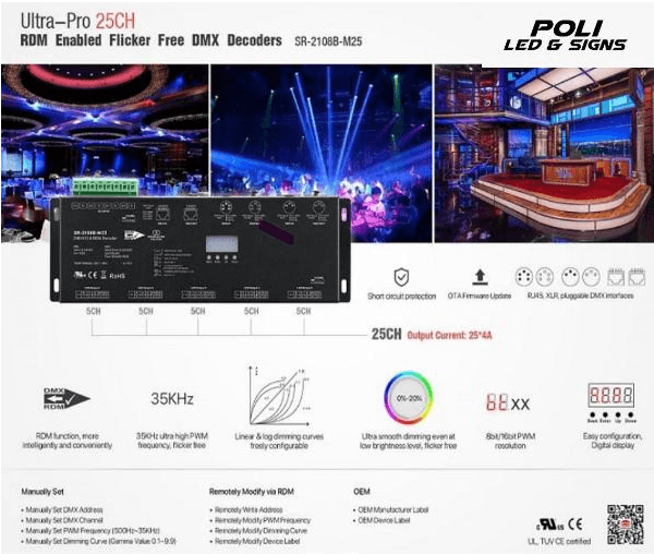 25-Channel CV DMX512 RDM PWM Decoder for RGB & RGBW LED, 12–24VDC, 96W