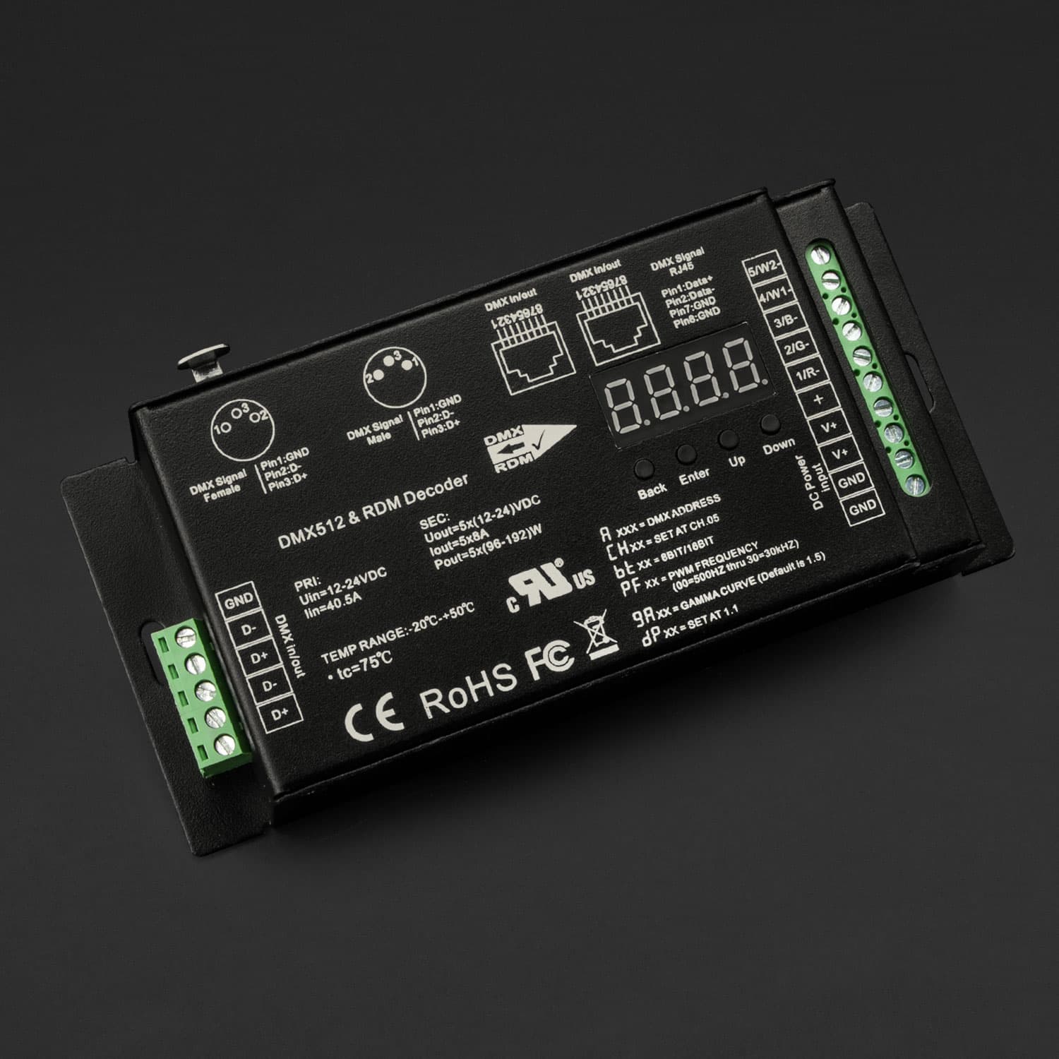 5-Channel Constant Voltage DMX512 RDM Decoder, 12-24 V DC, 5x8 A PWM Output