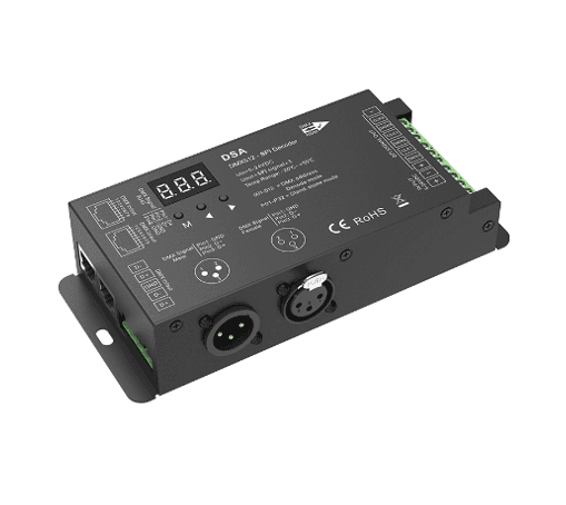 DMX512 to SPI Pixel Decoder and RF 2.4 GHz Controller with Digital Display, 3 SPI Data and CLK Output, DMX Decode Mode, stand alone mode, RF mode selectable, horse race, chase, flow trail or gradual mode