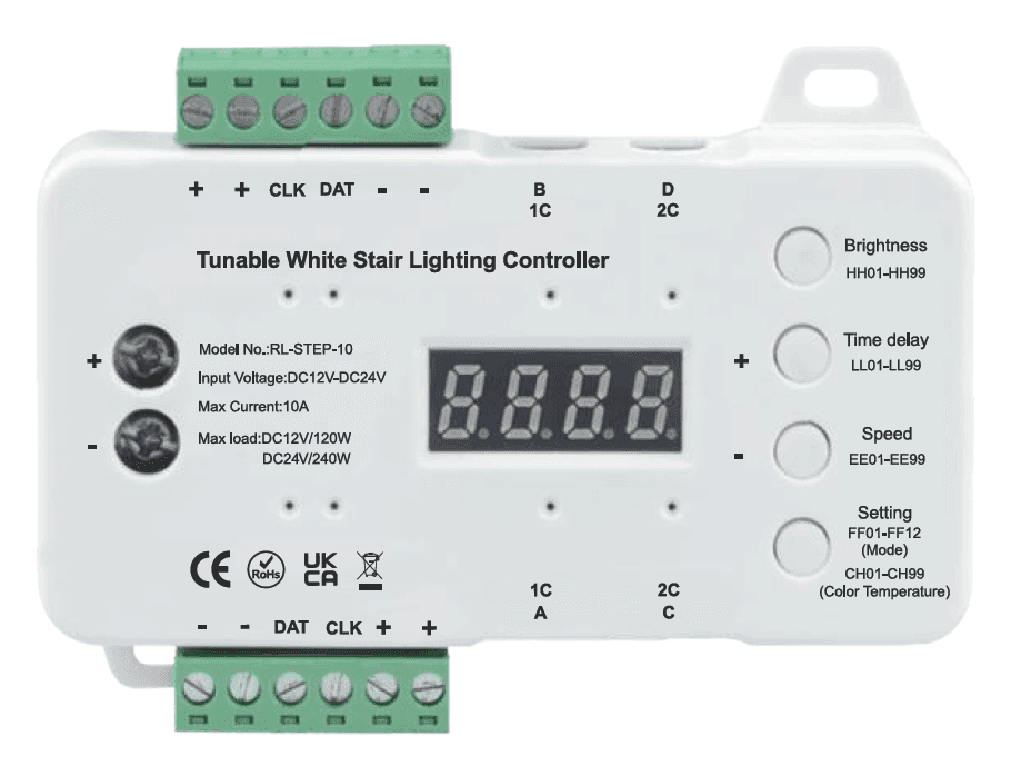 10 Channel Sequential Srair Controller, 20 steps, 300W, 2700-6500K CCT, Input DC12V-DC24V , Max Current: 32CH x 10A, Daylight sensor with Timer, Speed, Brightness, Modes, Light-sensor adjustment