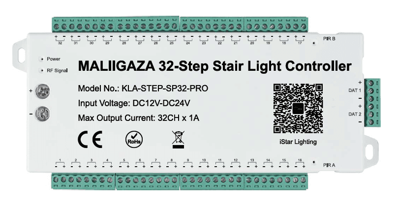 32 Channel Sequential Stair Controller, 360W, RGB SPI, Input DC12V-DC24V , Max Current: 10CH x 10A, Works with Bluetooth, iStar Lighting APP and Remote Control
