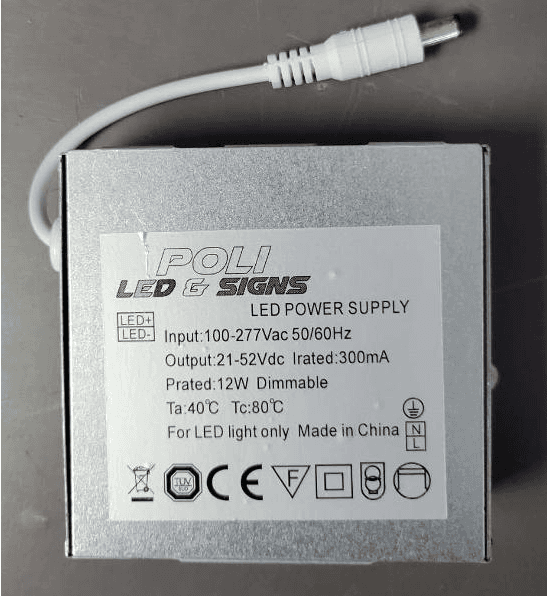 Discontinued Item- For A-GL Series Ceiling light led driver metal box 8-12watt 0.1-0.3A 21-52DC Input 100-240VAC with PLUG (MALE)