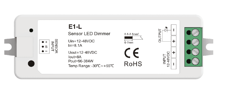 PIR Motion Sensor LED Dimmer, 12-48VDC Input, Single Channel, 8A / 384W Max Output
