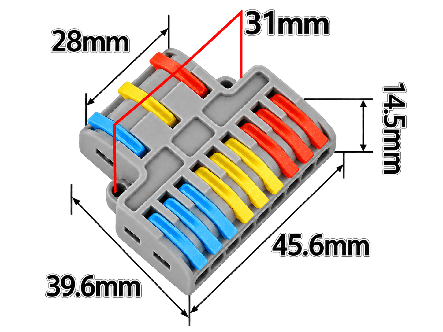 3-9 port press on connector, 250V, 32A, Input: 24AWG - 10AWG (0.08 - 4mm2) Output: 28AWG - 12AWG (0.08 - 4mm2)