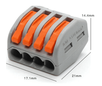 4 port press-on connector, wire range #18-12AWG (0.08-2.5mm2) Strip length: 12-13mm, Max Voltage: 250V, 32A max. Amb Temp: -40?F~221?F
