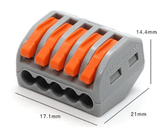 5 port press-on connector, wire range #18-12AWG (0.08-2.5mm2) Strip length: 12-13mm, Max Voltage: 250V, 32A max. Amb Temp: -40?F~221?F