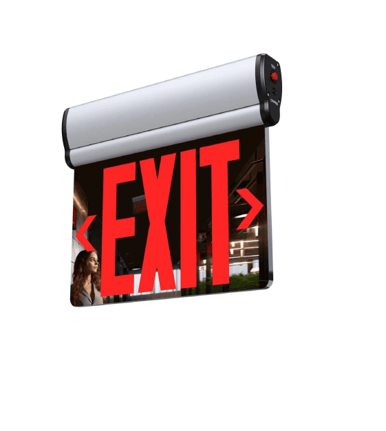 Acrylic Edge Lit Exit Light with red letters, Double face,Input Voltage 120-347VAC, 60Hz,Op Temp 0C to 40C,Charging time 24 hrs,Discharge time 120 min,Finish Silver,Dim 310x257x110mm, UL Listed